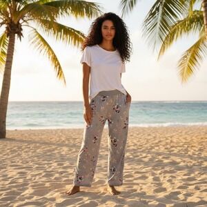 Disney Minnie Mouse Soft Pajama Pants Lounge Gray Floral Print Size Small